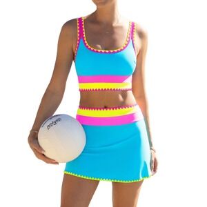 NWT Popvil Neon 3pc Bikini Set High Waist Tummy Control Skirt Blue Pink Medium